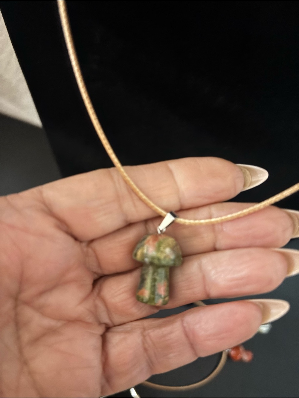 Green and Rust Mushroom Pendant Necklace with tan Tone Cord